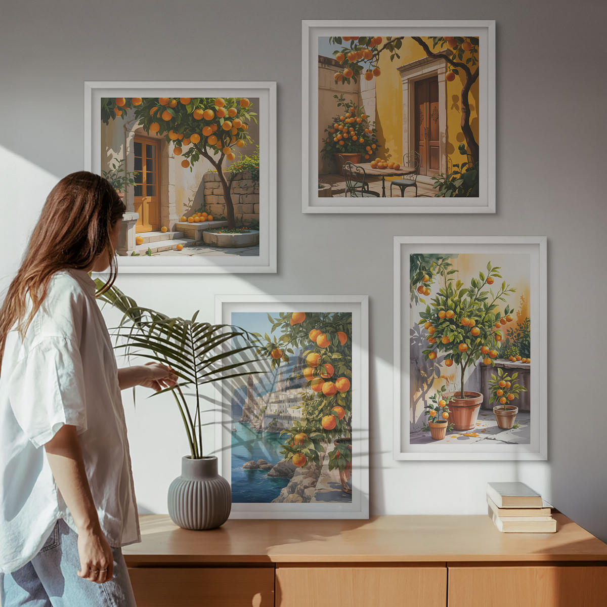 BILDER SET 4er Set - 50x50 cm & 40x60 cm Weißer Rahmen - Gemalte Zitruslandschaften - Weiß, Kunststoff (50/50cm) - TULUP