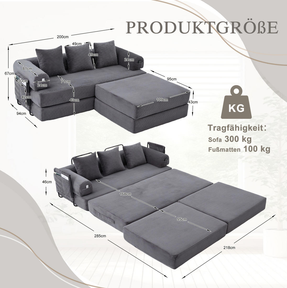 ECKSOFA aus Cord 200x190x67 cm Dunkelgrau mit Hocker, Seitentasche und 3 Kissen - Dunkelgrau, Textil (200/190cm) - Modfu