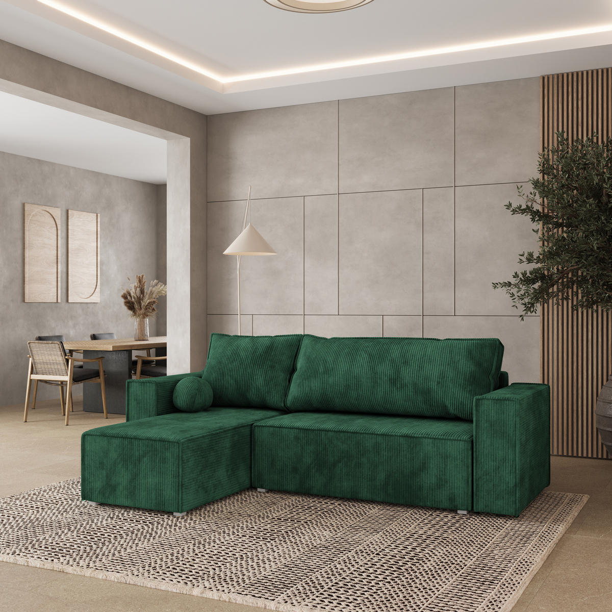 ROHOVÁ SEDAČKA RAVELO tmavě zelená - šedá/tmavě zelená, dřevo/textil (240/140cm) - MASSENO