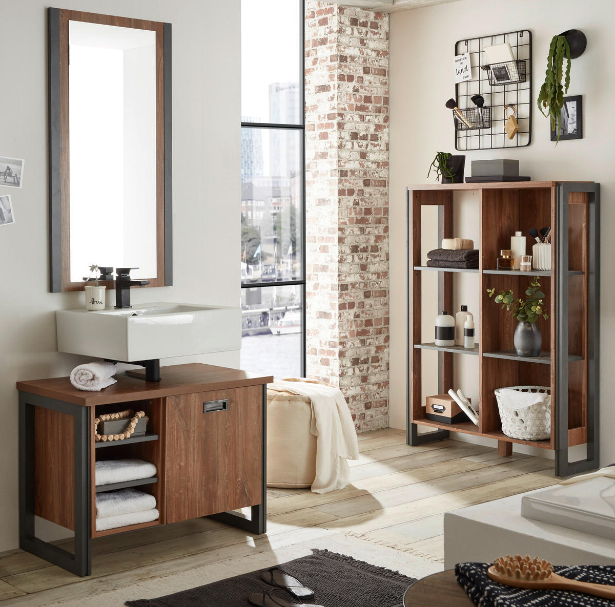 BADMÖBEL-SET 3-teilig Eiche Stirling, Matera grau, Badkombination 191 x 205 cm - Eichefarben/Grau, Holzwerkstoff (191/205/40cm)