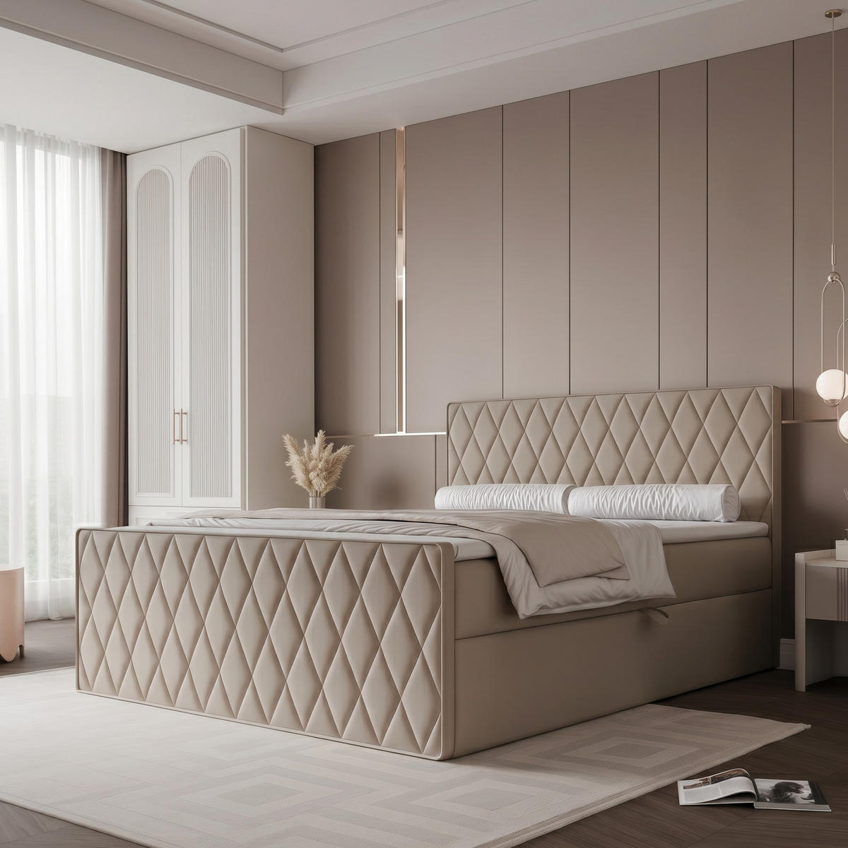 BOXBETT PONTI III 140x200 cm Warmes Beige (Samt) - mit Bettkasten, Bonellmatratze und Rautensteppung - Beige, Holzwerkstoff/Textil (140/200cm) - Ravio