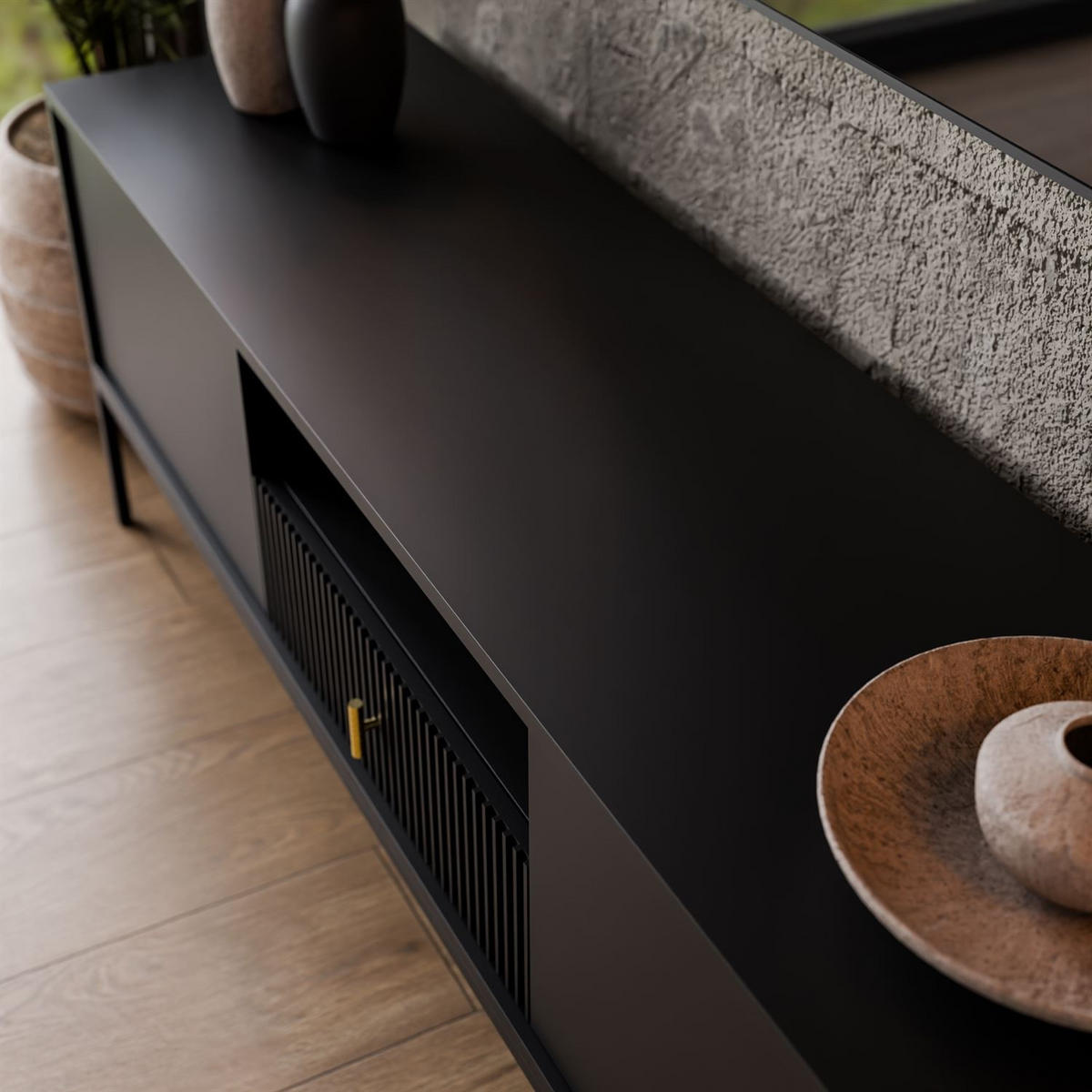 TV-ELEMENT MIDNIGHT mit Schubladen auf Gestell schwarz - Schwarz, Holzwerkstoff (154.5/52.5/39cm) - Lookway