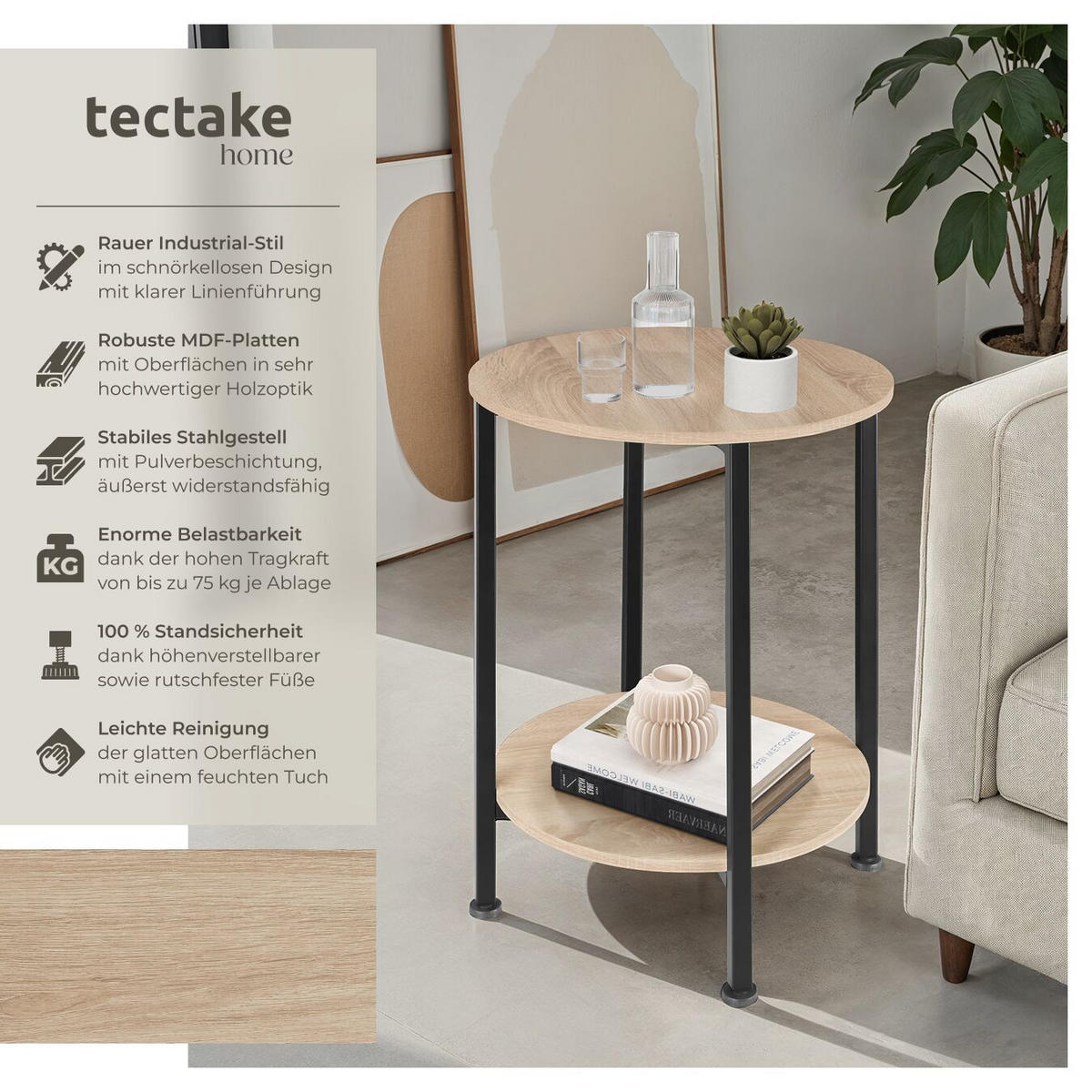 BEISTELLTISCH Ballina,45 x 64 cm,Industrial Holz hell, Eiche Sonoma - Naturfarben, Holz (45/45/64cm) - tectake