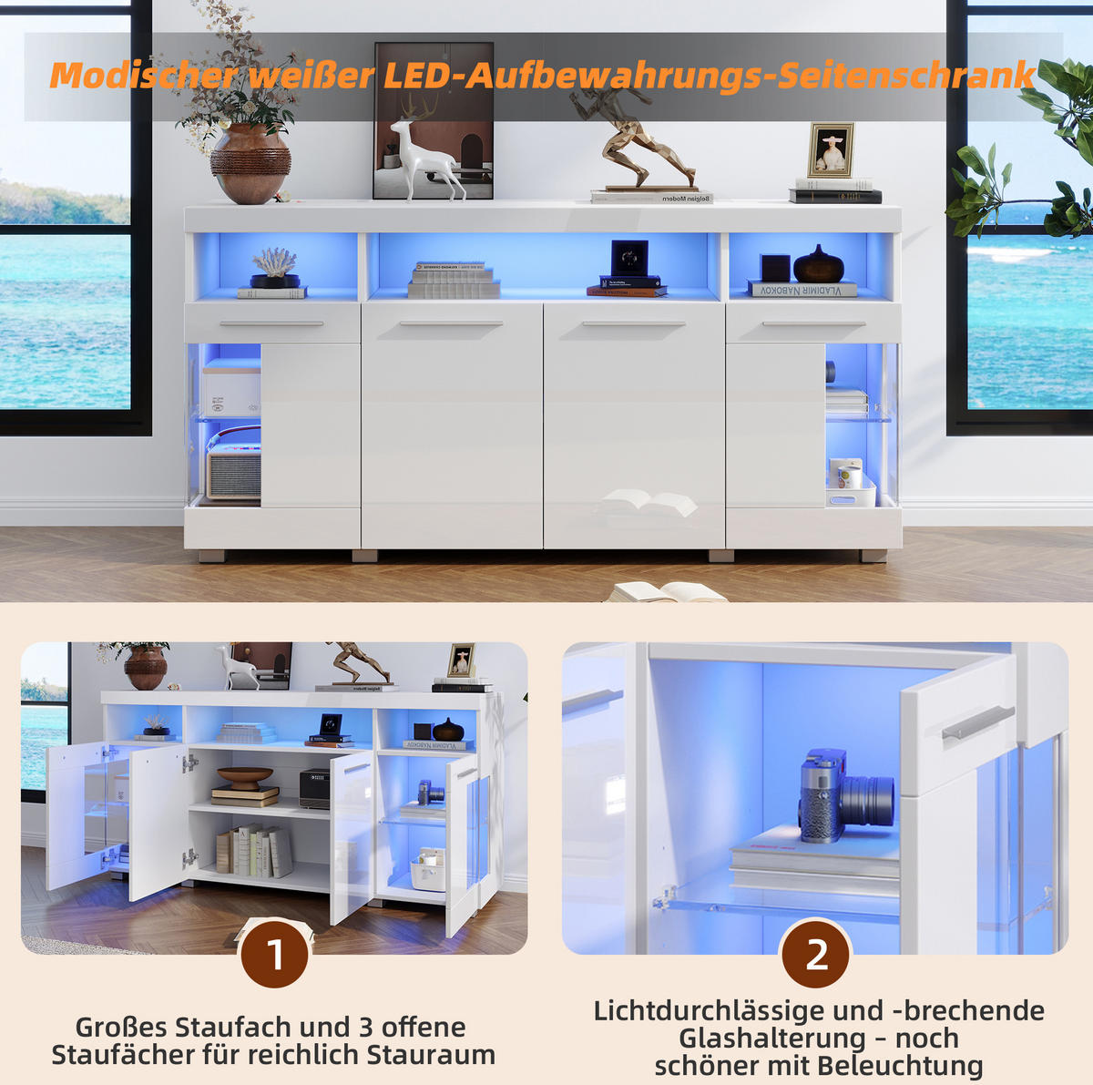 SIDEBOARD aus MDF 140x40x70 cm Weiß mit LED-Beleuchtung, Hochglanzfront und Türen aus gehärtetem Glas - Weiß, Holzwerkstoff (140/70/40cm) - Modfu