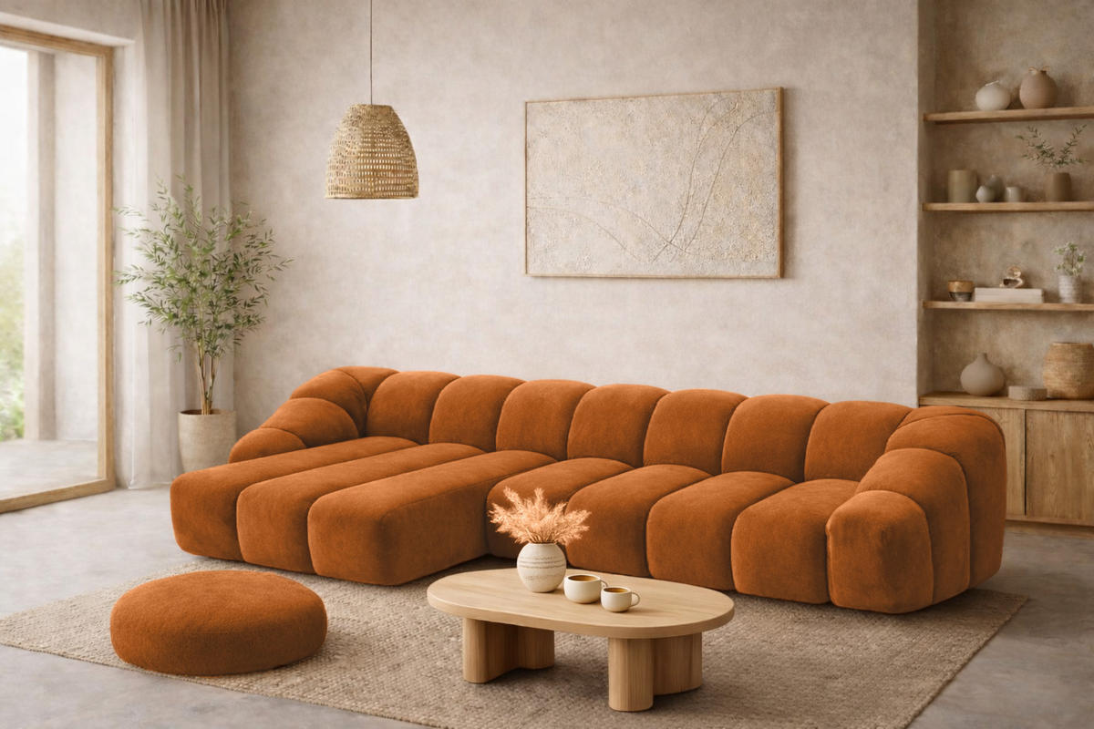 ECKSOFA Modulare L-Form, Veloursstoff Bluvel, Zimtfarbe, Links, CROISSANT XL - Orange, Holz (340/190cm) - Kaiser Möbel