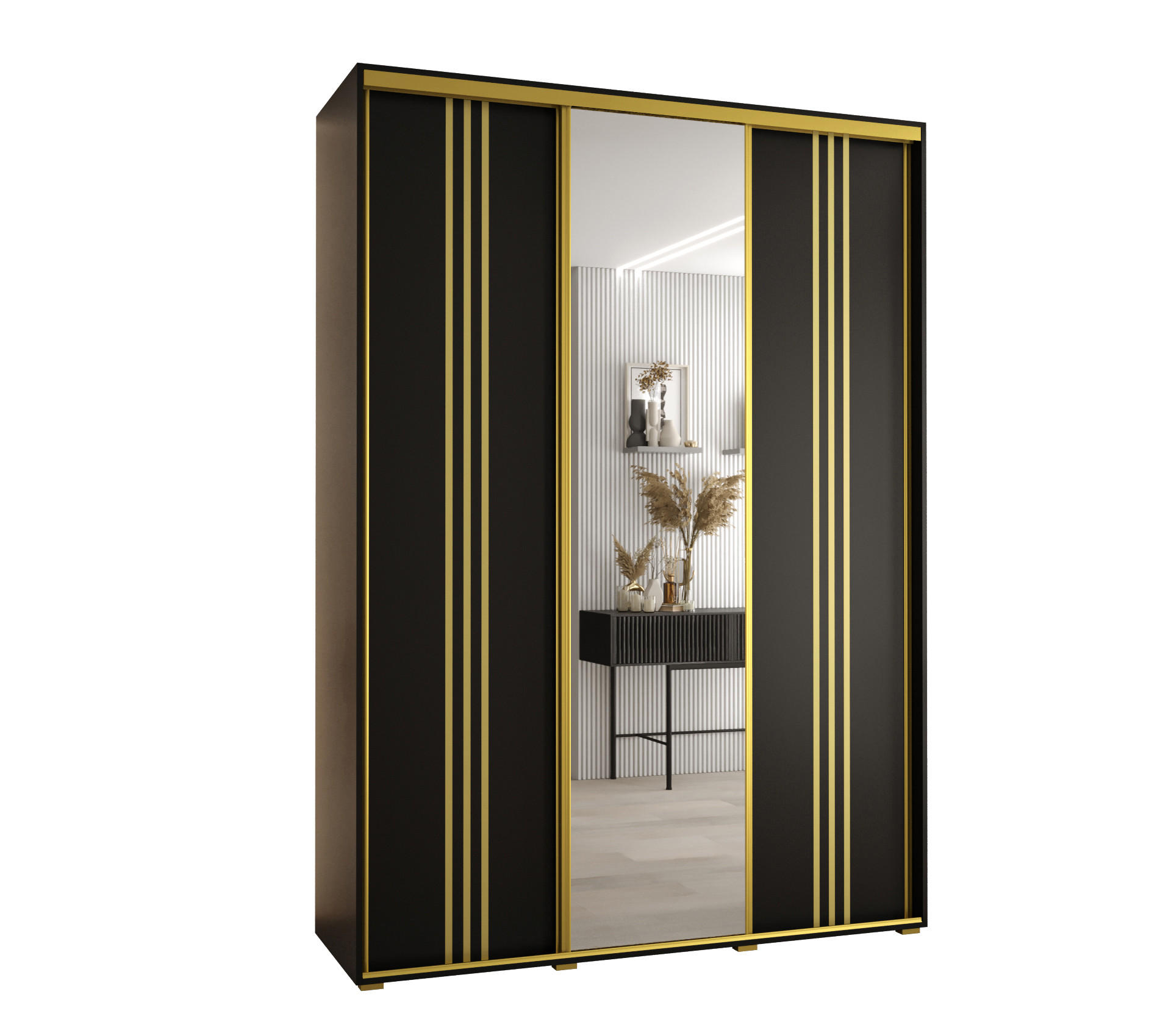 Abiks Möbel SCHWEBETÜRENSCHRANK Schwarz, Schwarz, Gold 180cm × 45cm × 235cm