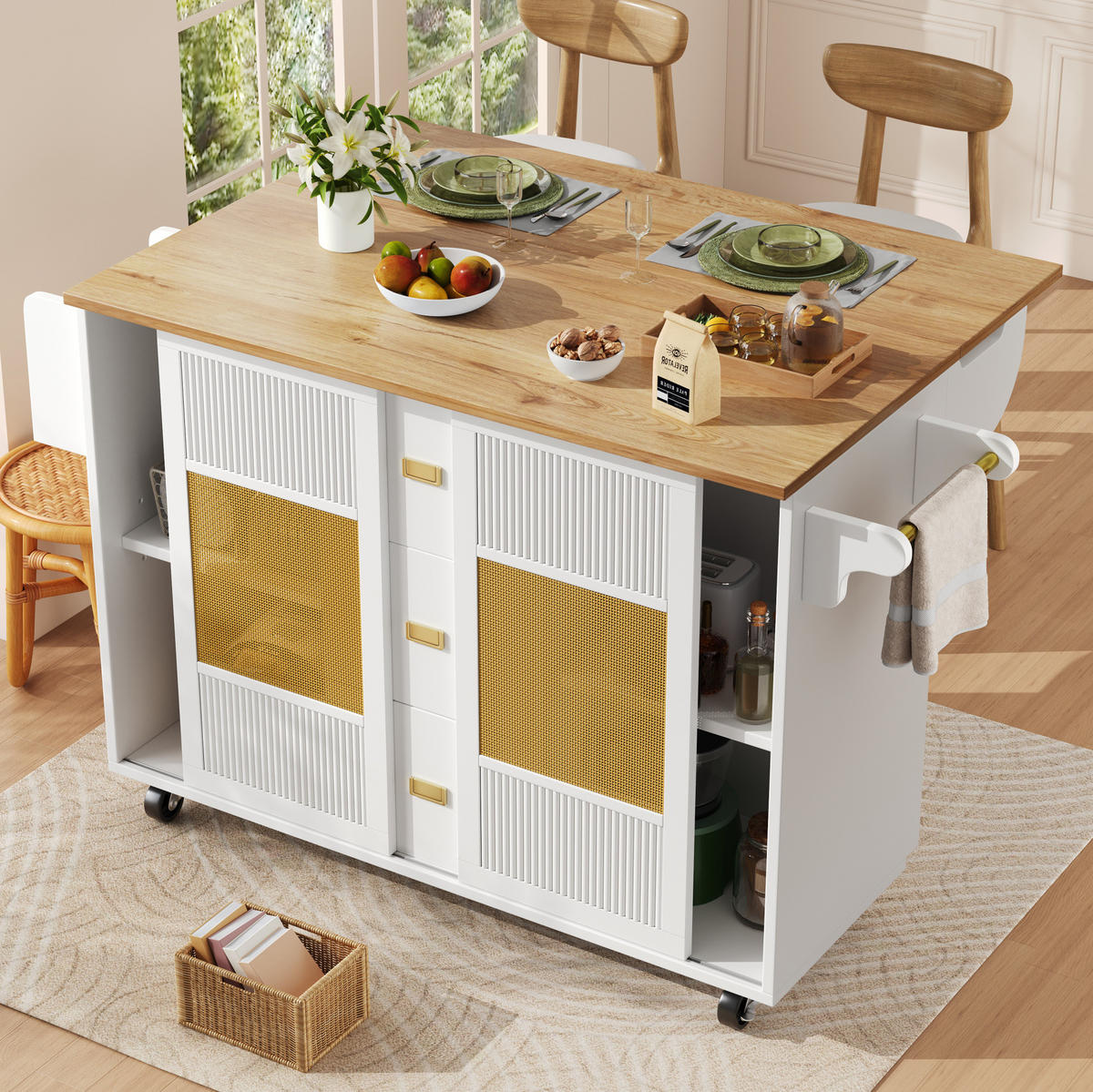 KÜCHENINSEL 146,85/70/90 cm aus MDF und Metall mit klappbarer Tischplatte Weiß - Weiß, Holzwerkstoff (146.85/90/70cm) - Modenvie