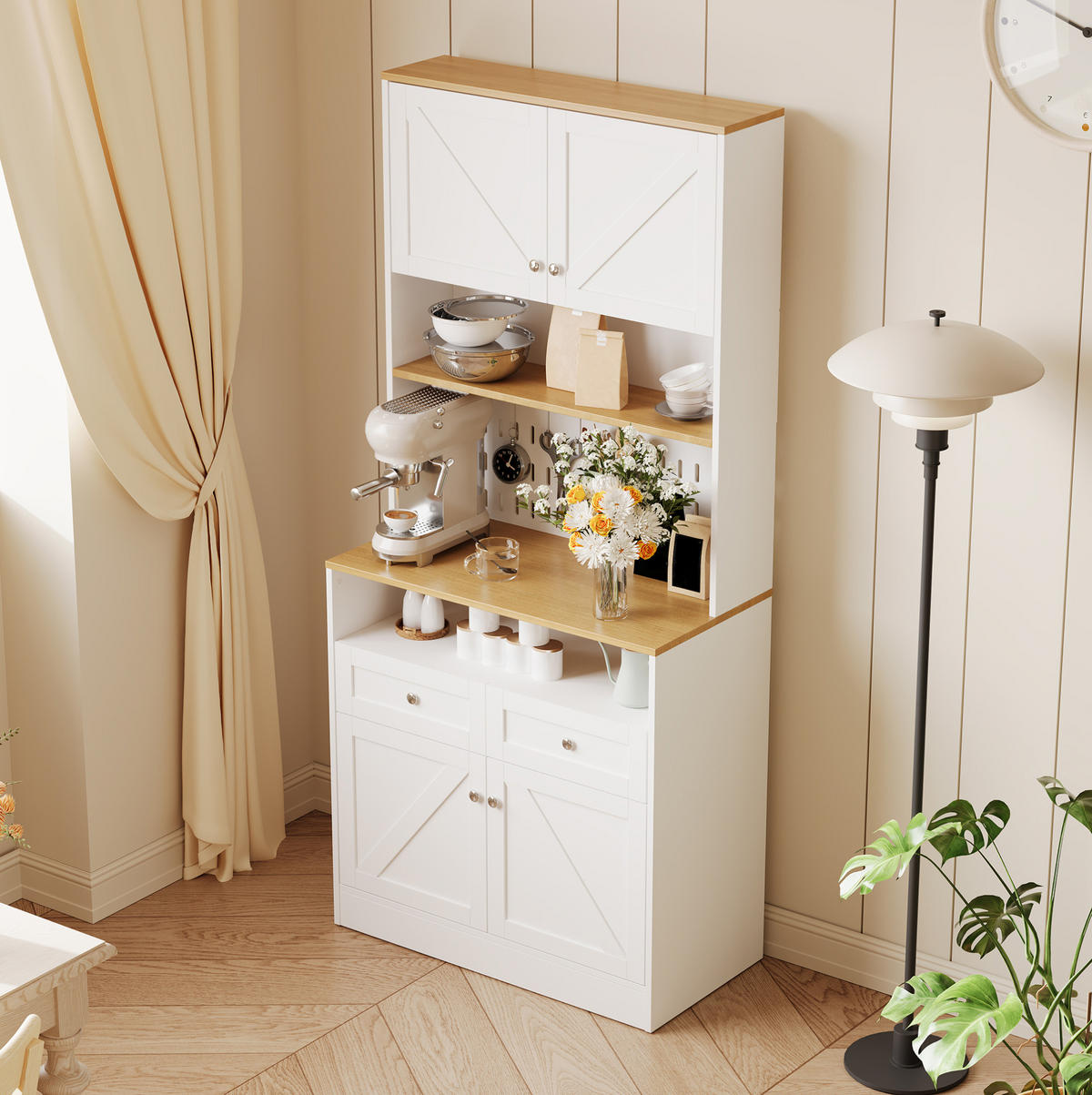 SIDEBOARD 80/40/175 cm mit Scheunentüren, Lochwand und viel Stauraum aus MDF und Spanplatte, Weiß/Natur - Weiß, Holzwerkstoff (80/175/40cm) - Redom