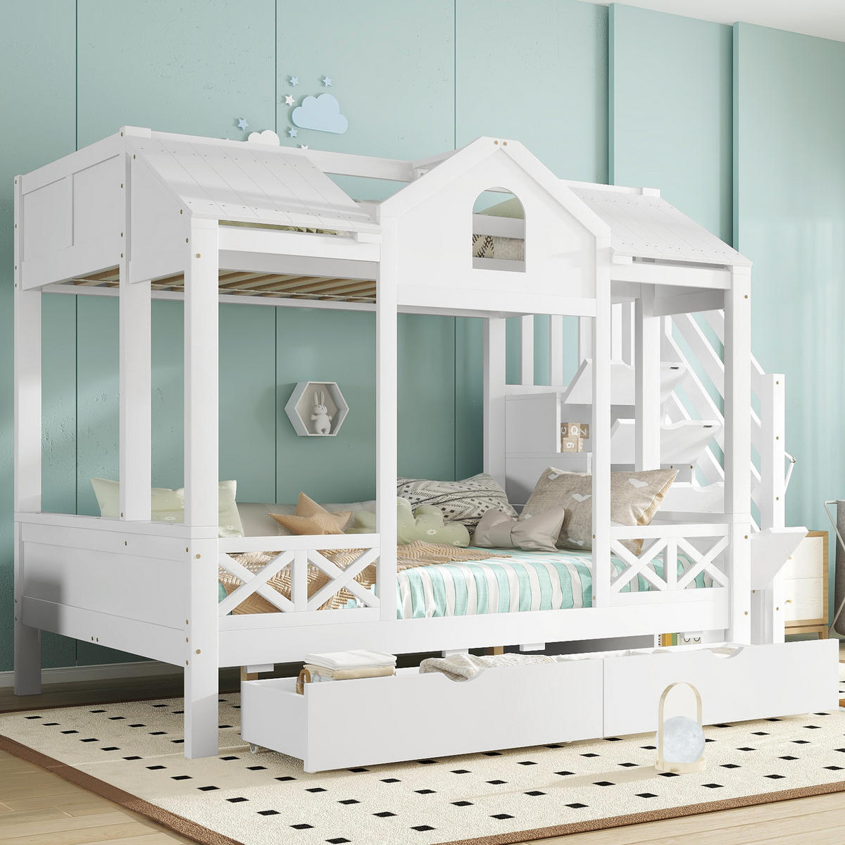 ETAGENBETT 90/200 cm und 140/200 cm Weiß mit Schubladen und Spielhaus-Dach - Weiß, Holzwerkstoff (90/200cm) - OKWISH