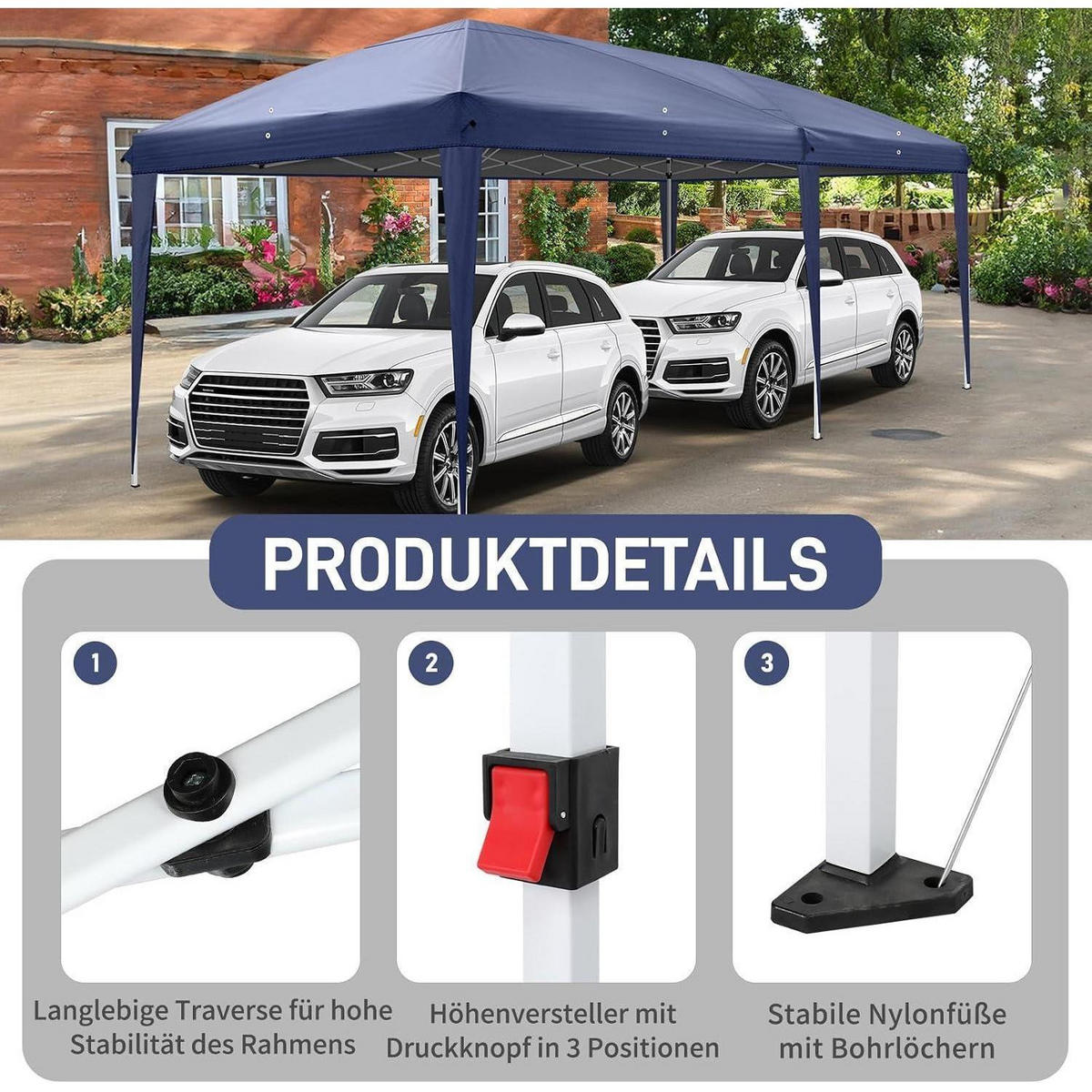 FALTPAVILLON 3 x 6 m Blau Wasserdicht UV-Schutz 50+ mit 6 Seitenteilen - Blau, Textil (300/268/600cm)