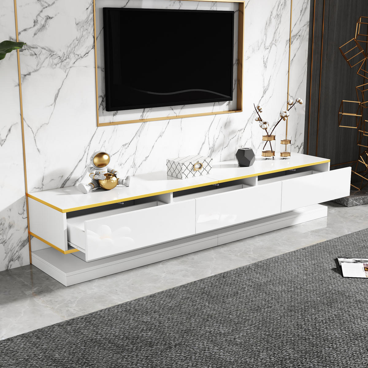 TV-LOWBOARD 200/40/40 cm mit 3 Schubladen, offenen Fächern und Hochglanzfront, Warmweiß mit Goldkante - Weiß, Holzwerkstoff (200/40/40cm) - Redom