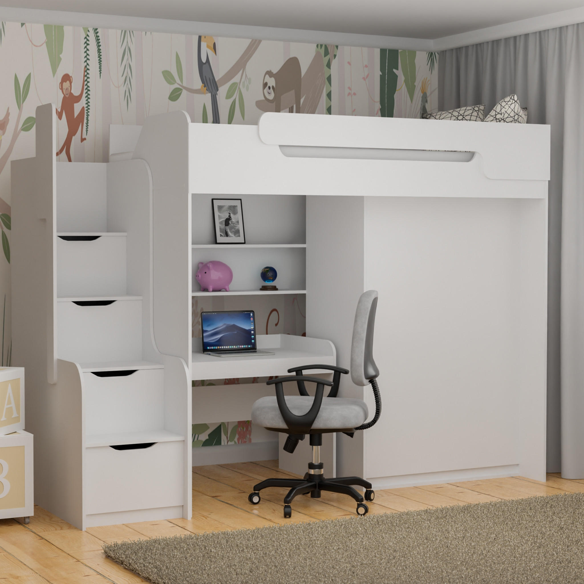ETAGENBETT ARTHUR 90/200 in Weiß mit Schreibtisch und Kleiderschrank - Weiß, Holzwerkstoff (90/200cm) - Deine Möbel 24