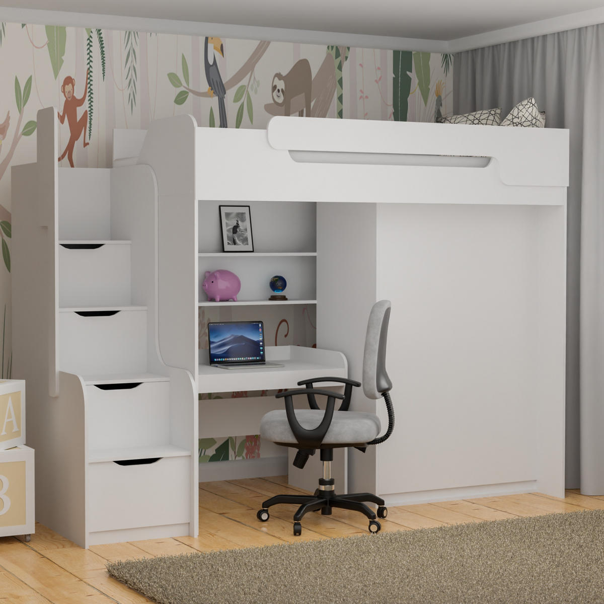 ETAGENBETT ARTHUR 90/200 in Weiß mit Schreibtisch und Kleiderschrank - Weiß, Holzwerkstoff (90/200cm) - Deine Möbel 24