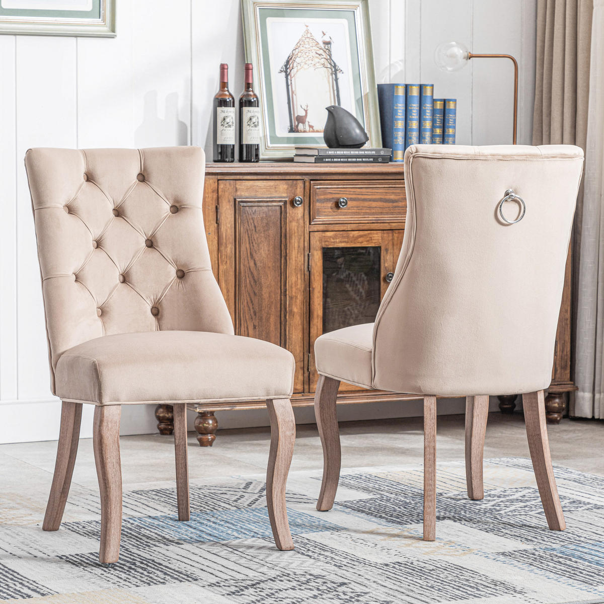 ESSZIMMERSTUHL 2er Set Samt Beige hohe Rückenlehne Massivholz - Beige, Textil (51/97/47cm) - FLIEKS