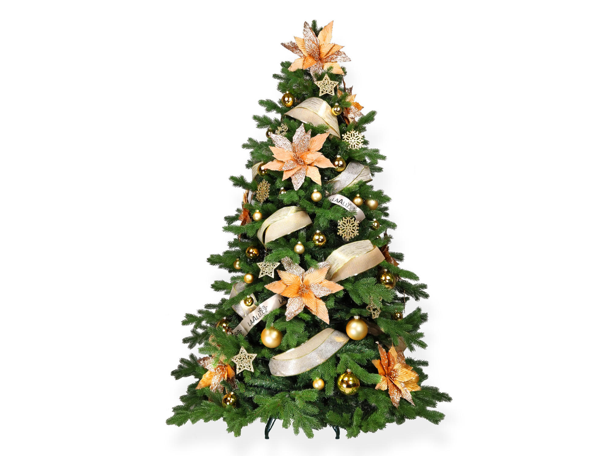 WEIHNACHTSBAUM geschmückt künstlich mit 152 Stk Kugeln GOLD GLITTER II 270 cm mit Metallständer - Goldfarben/Braun, Kunststoff (270cm) - LAALU