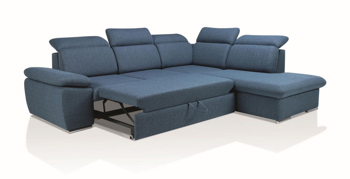 ECKSOFA ROSSI Blau Plüsch-Stoff mit Schlaffunktion - Blau, Holz (280/230cm) - MASSENO