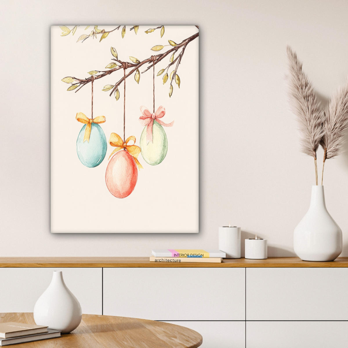 LEINWANDBILD Osterkuchen - Schleife - Eier Wandbild Wohnzimmer 60x80 cm - Creme, Textil (60/80cm) - MuchoWow