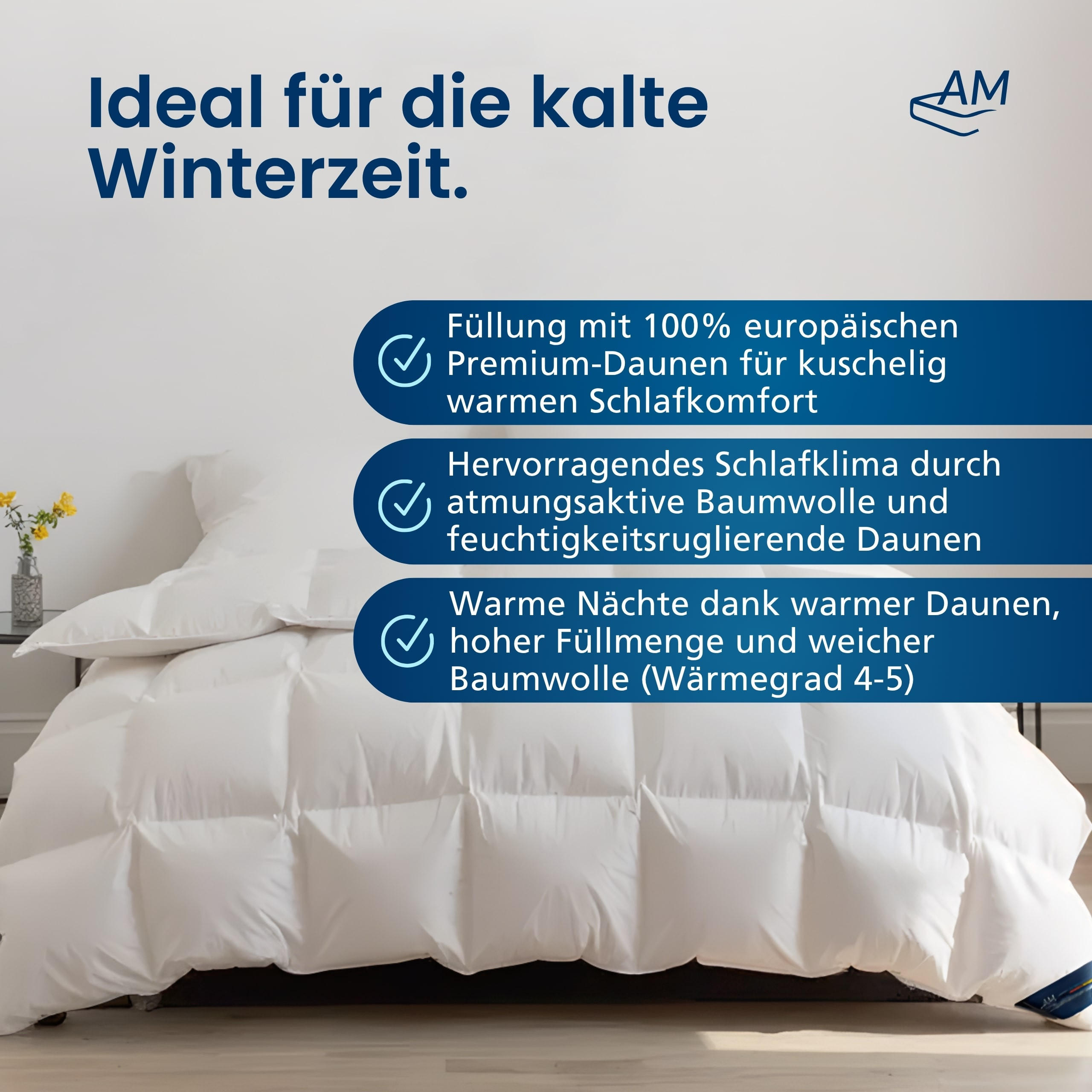 Thumbnail - AM Qualitätsmatratzen Winter, Weiß, Textil, Uni, Füllung: Daunen, Rechteckig, 155x220 cm, Schlaftextilien, Bettdecken, W...