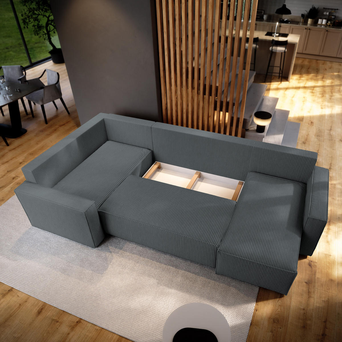 WOHNLANDSCHAFT NORENA L-S Grau Kordstoff mit Schlaffunktion - Grau, Holz (295/85/157.5cm) - MASSENO