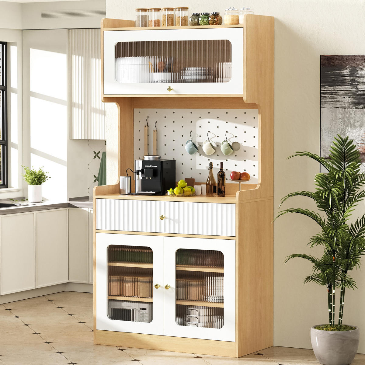 KÜCHENSCHRANK Naturholzoptik, 80/180/40 cm, MDF und Riffelglas, Natur, MIT LED-BELEUCHTUNG, für Esszimmer und Küche - Weiß, Holzwerkstoff (40/180/80cm) - Rolipo