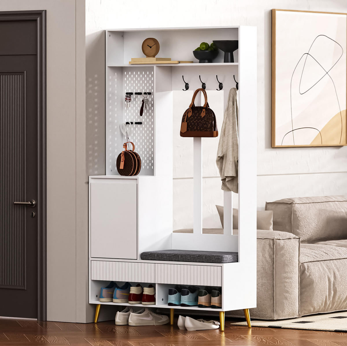GARDEROBE 100/180/35 cm Weiß aus MDF mit Sitzbank und Schubladen - Weiß, Holzwerkstoff (35/180/100cm) - OKMYHOME