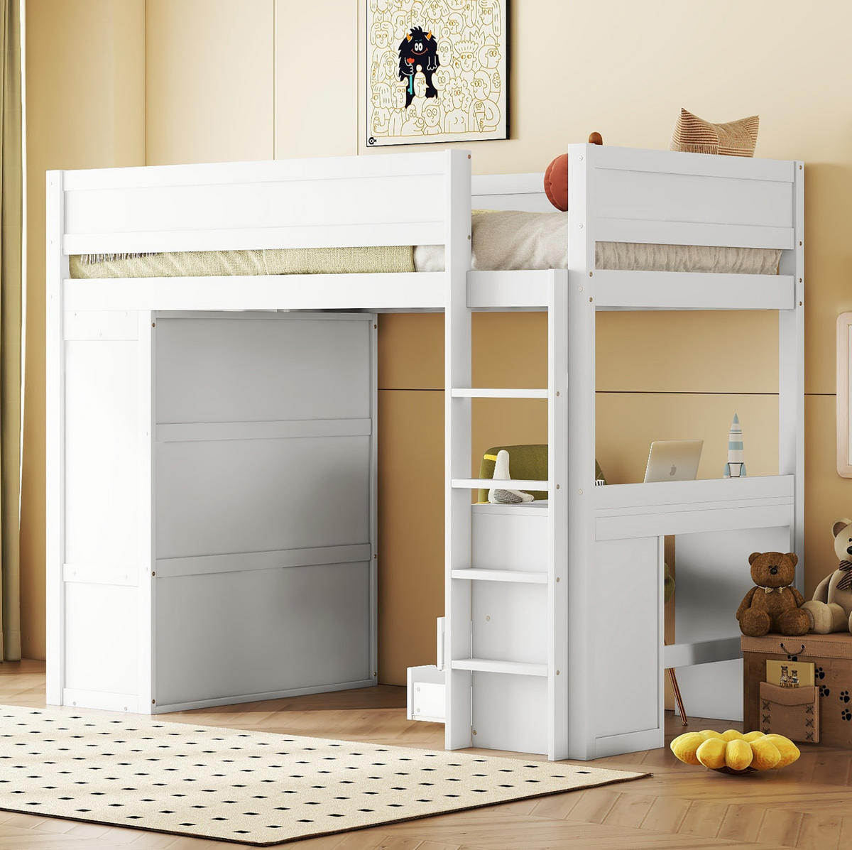HOCHBETT 90/200 cm weiß mit Schreibtisch und Kleiderschrank mit Matratze - Weiß, Holzwerkstoff (90/200cm) - OKWISH