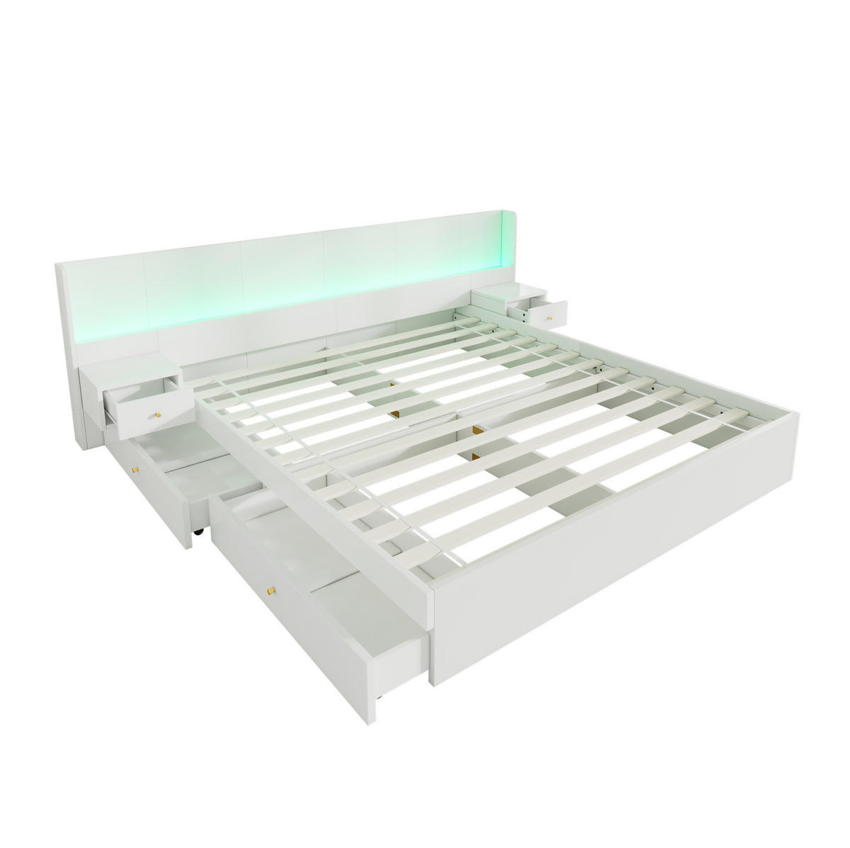 DOPPELBETT 180/200 cm mit USB-Anschlüssen, Steckdosen, LED-Beleuchtung und 2 Nachttischen mit Schubladen, Weiß - Weiß, Holzwerkstoff (180/200cm) - Redom