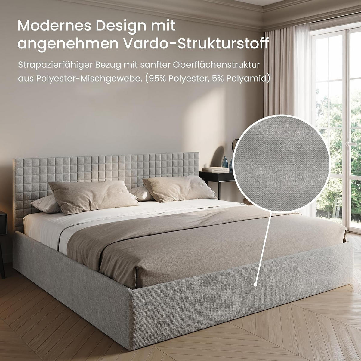 POLSTERBETT VARDO-Stoff H3 Matratze 200x200 cm in Grau - Grau, Textil (200/200cm) - Home Collective