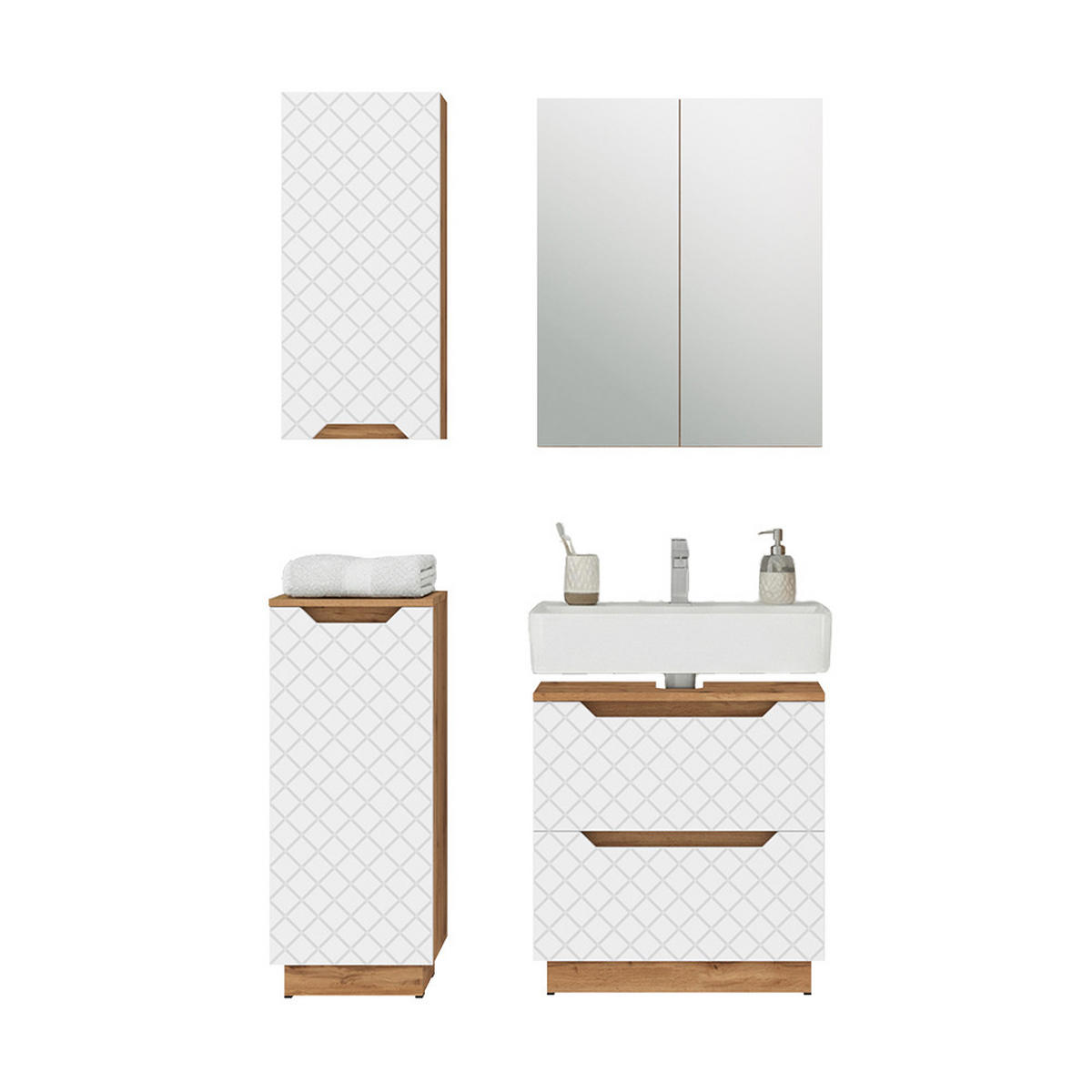 BADMÖBEL-SET Lotta Eiche/Weiß mit Kachelstruktur 4 Teile - Eichefarben/Weiß, Holzwerkstoff (59.8/62.5/32cm) - Vicco