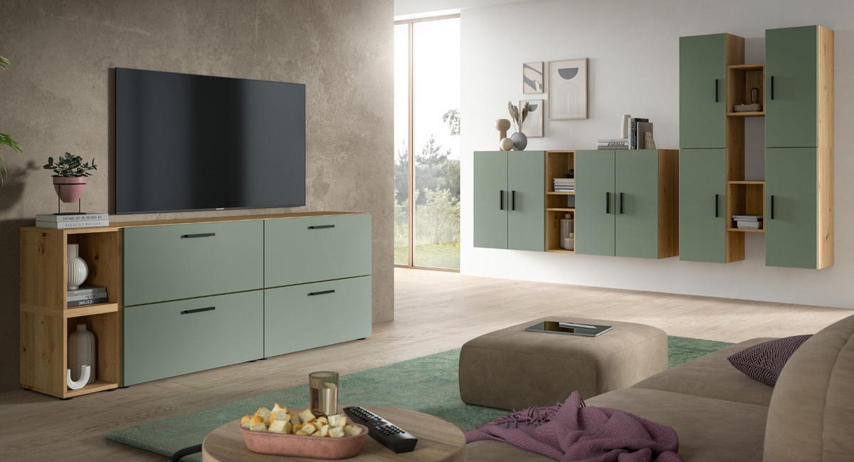 WOHNWAND grün, Eiche Artisan 259 x 184 cm, Wohnkombination hängend / stehend - Schwarz/Eiche Artisan, Holzwerkstoff/Kunststoff (259/151/34cm) - Inn.Furn
