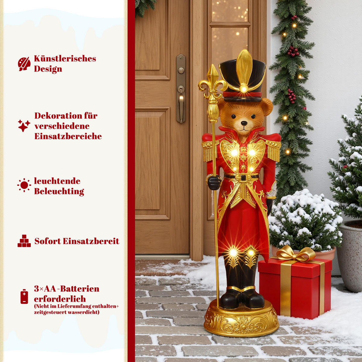 HOMETOPIA Nussknacker Bär Figur 91,5 cm, Weihnachtsdeko mit LED & Timer - Dunkelrot, Naturmaterialien (25/91/27.5cm) - Hometopia