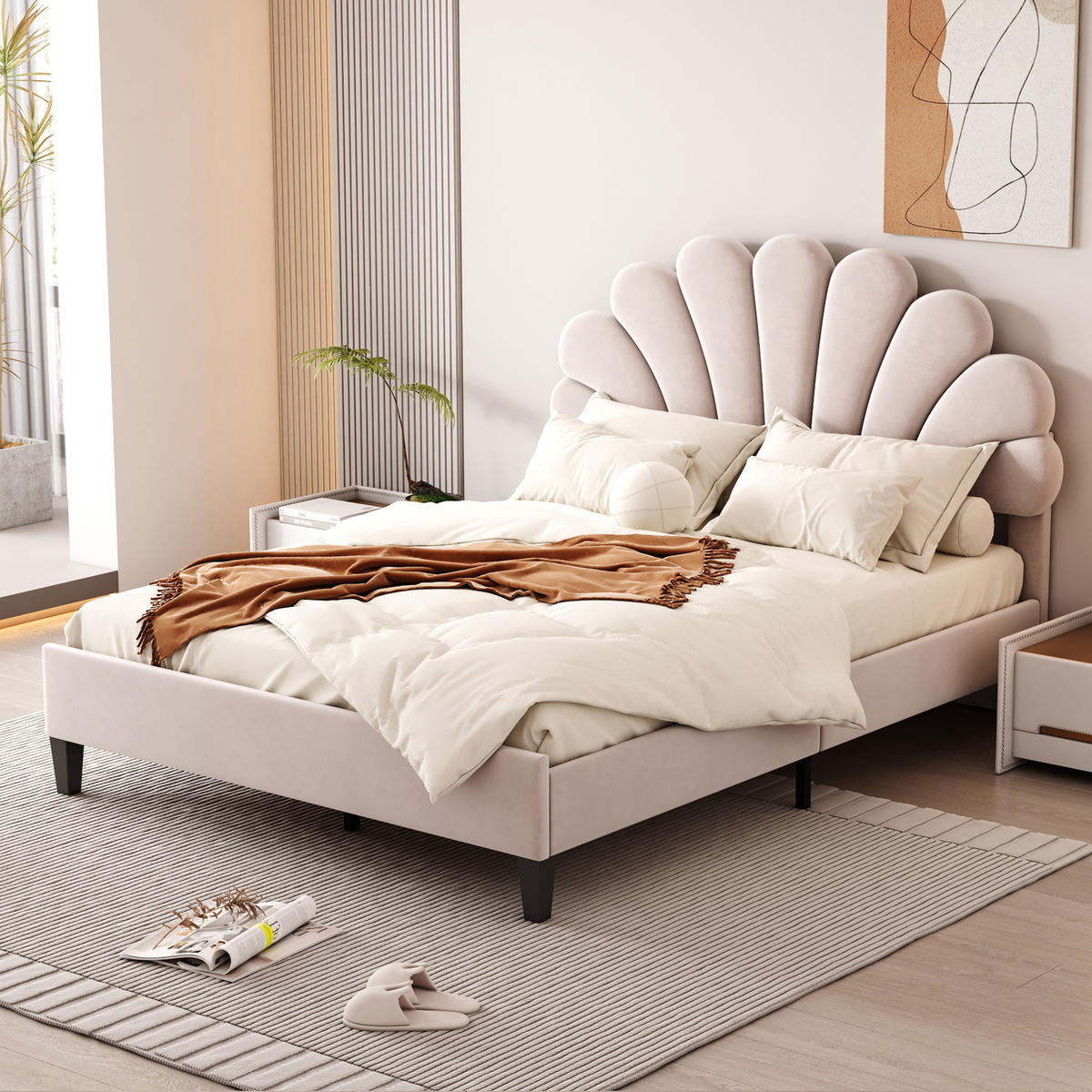 POLSTERBETT aus Samt 140x200 cm Beige mit Lattenrost und blumenförmigem Kopfteil - Beige, Textil (140/200cm) - Modfu