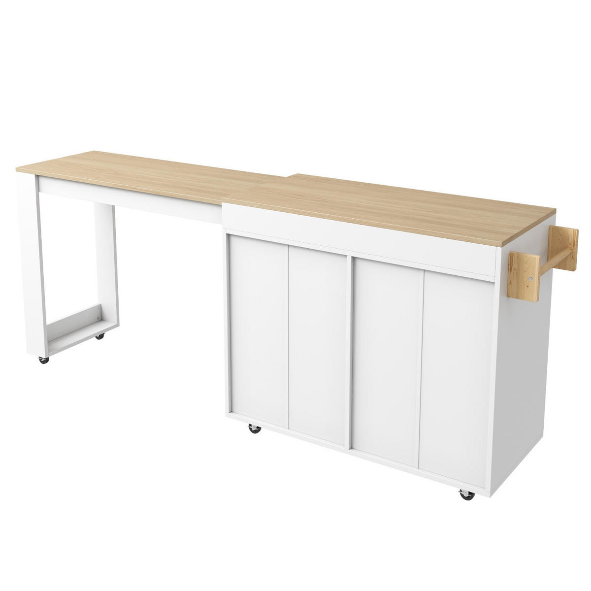 KÜCHENINSEL mit Rollen, AUSZIEHBARER BARTISCH, MDF Weiß, mit Glastüren, 132,5-217/50/93 cm - Weiß, Holzwerkstoff (50/93/217cm) - Rolipo