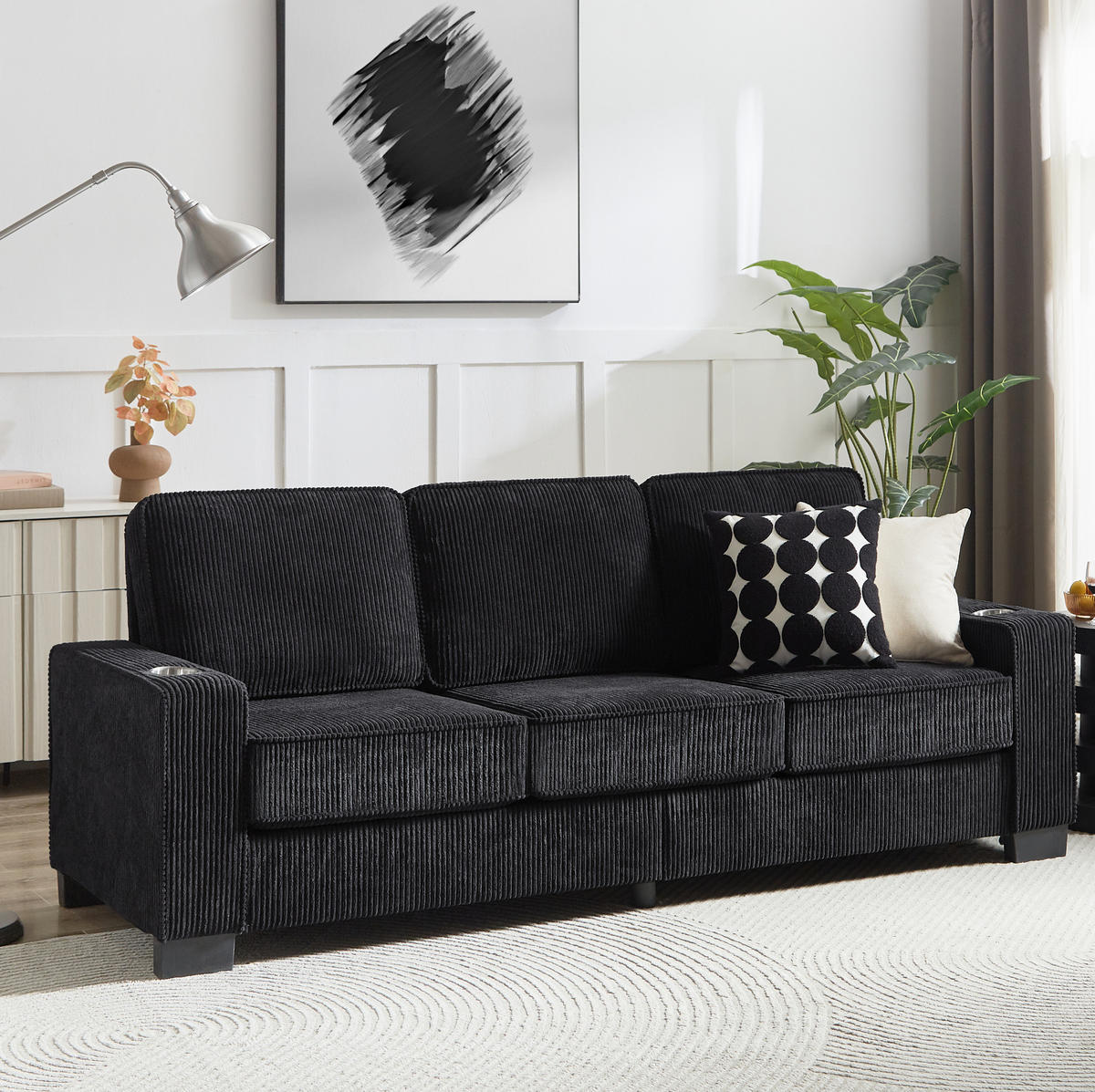 SOFA 3-Sitzer 206 cm Schwarz mit Getränkehaltern - Schwarz, Holzwerkstoff (206/86/72cm) - Meubliv