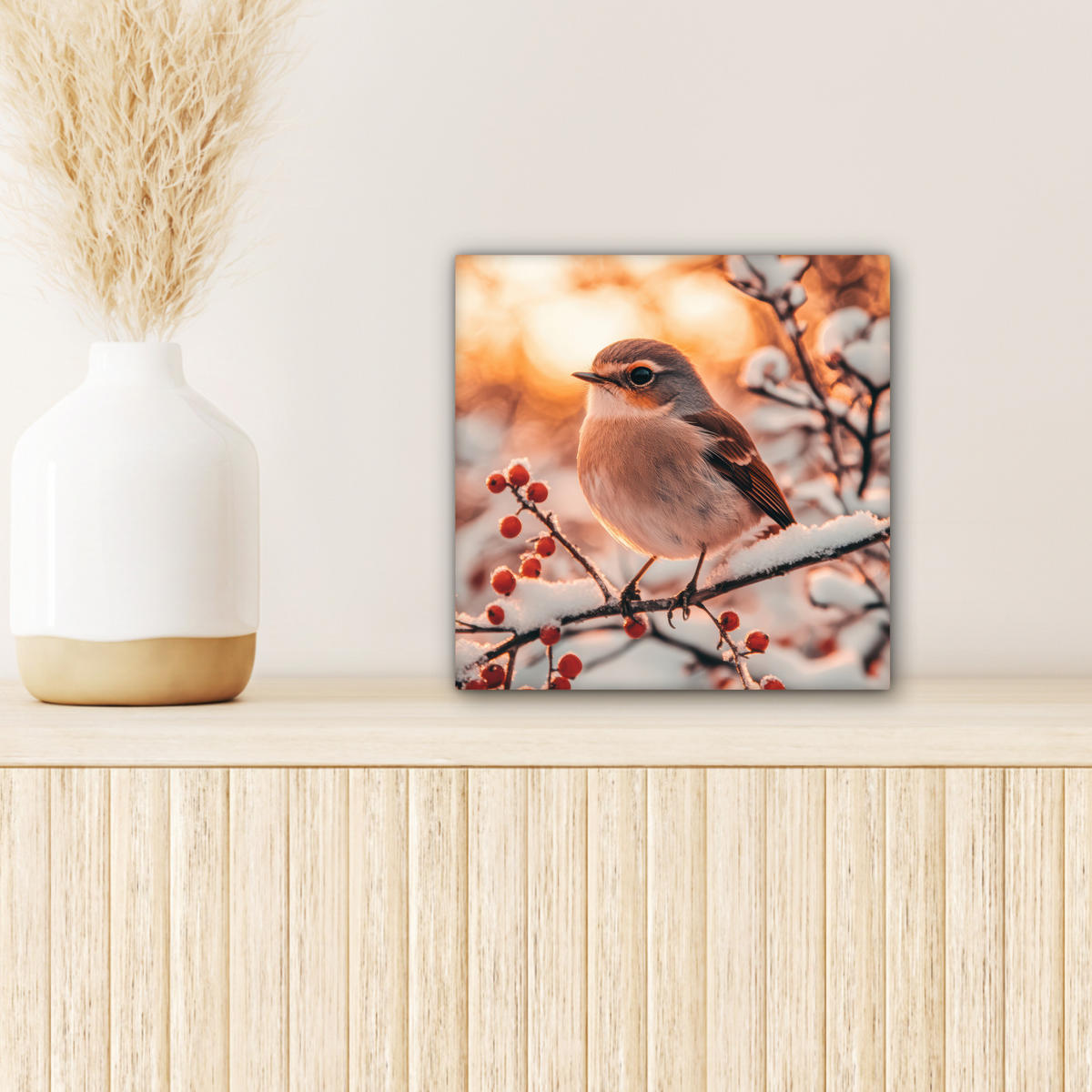 LEINWANDBILD Vogel - Zweig - Winter - Tiere - Schnee Deko Wohnzimmer 20x20 cm - Bernsteinfarben, Textil (20/20cm) - MuchoWow