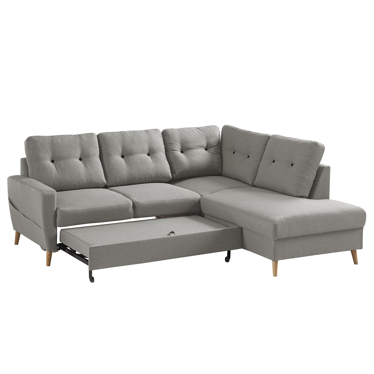ECKSOFA mit Ottomane - Webstoff - Hellbraun/Grau, Holz/Textil (230/200cm) - home24