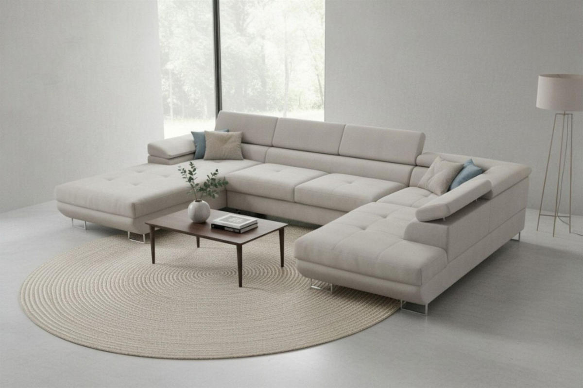 WOHNLANDSCHAFT Gianluca - Hellgrau, Holzwerkstoff/Textil (205/90/345cm) - Fun Möbel
