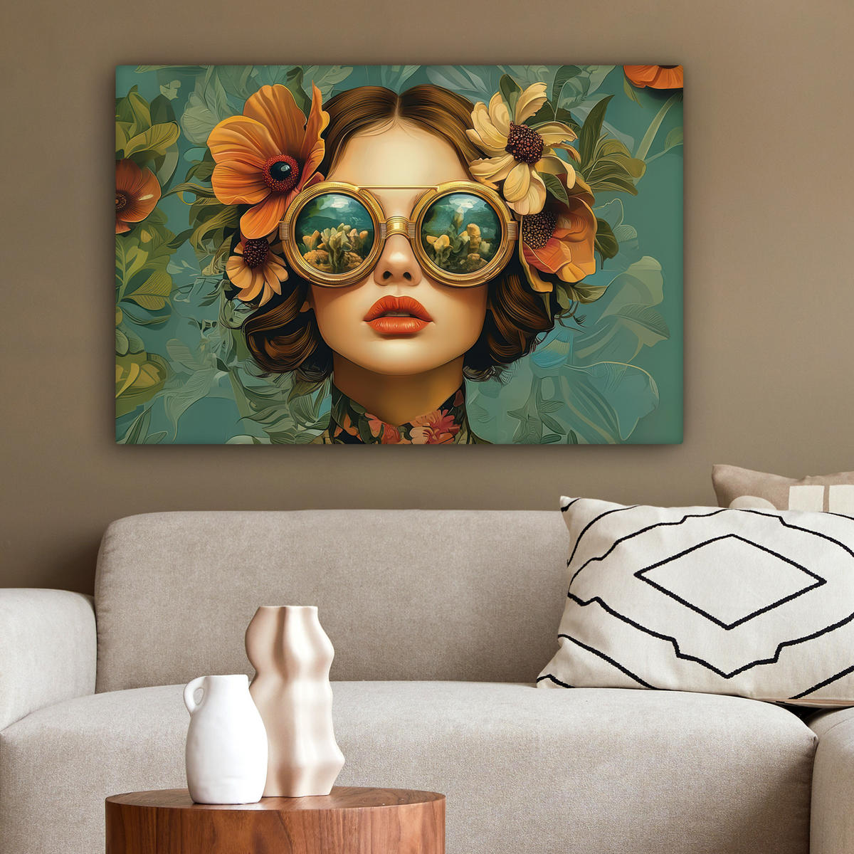 LEINWANDBILD Frau - Blumen - Schmetterlinge - Natur - Vintage Gemälde 60x40 cm - Salbeigrün, Textil (60/40cm) - MuchoWow