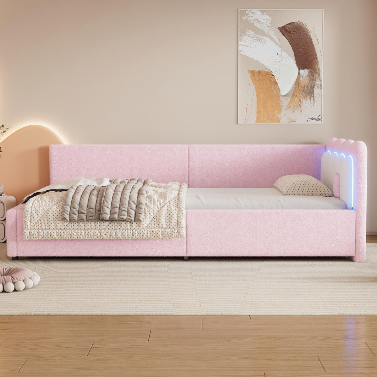 TAGESBETT 90/200 cm mit LED-Ambientebeleuchtung und Lattenrost aus Vliesimitat, Rosa - Rosa, Textil (90/200cm) - Redom