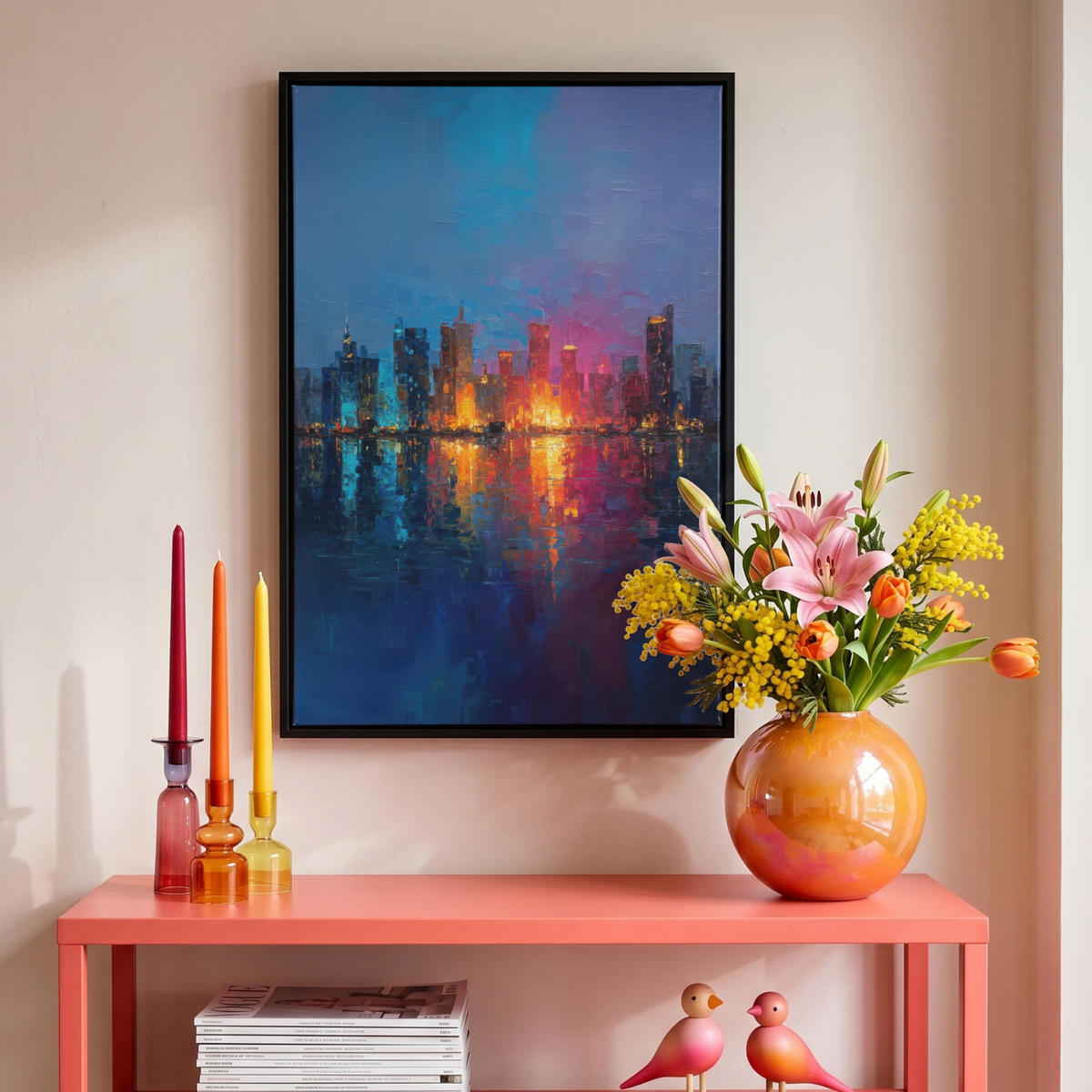 LEINWAND Bilder mit Rahmen - Skyline - Pinselstriche - Dunkelblau - Leuchtend - 40x60 - Blau, Textil (40/60cm) - MuchoWow