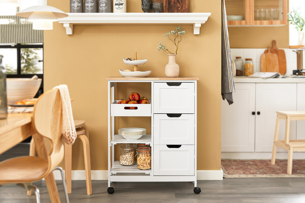 SERVIERWAGEN mit Rollen, Weiß, 68x85x38cm, bis 50kg - Weiß, Holzwerkstoff (68/85/38cm) - SoBuy