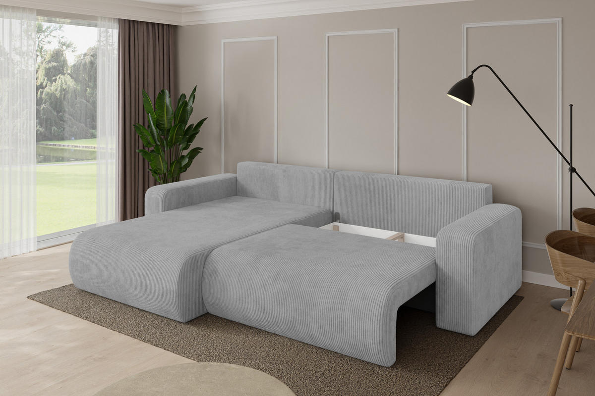 ROHOVÁ SEDAČKA s funkcí spaní, otoman vlevo BERY-L 276x193x88 šedá manšestr - šedá/černá, kompozitní dřevo/textil (276/193cm) - ALTDECOR