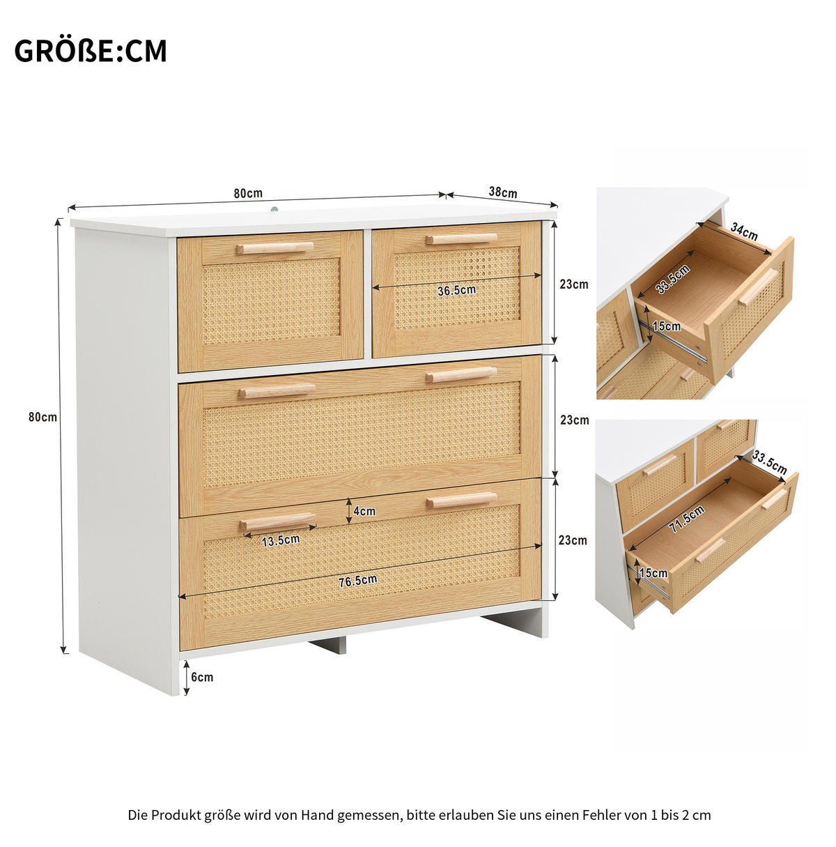 KOMMODE 80/38/80 cm aus MDF mit 4 Schubladen und Rattanfronten Natur/Weiß - Weiß, Holzwerkstoff (80/38/80cm) - Modenvie