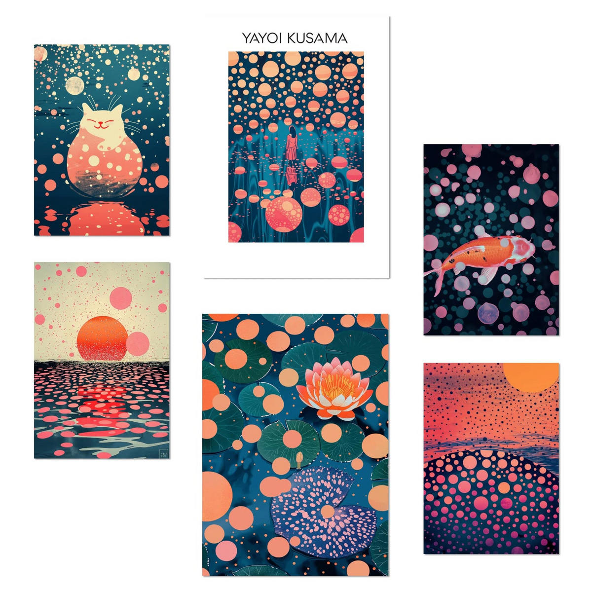 POSTER Set mit 6 Yayoi Kusama Sonnenuntergang Wasser Größe A3 und A4 Rahmenlos - Klar, Papier (29.7/1/42cm) - Nacnic