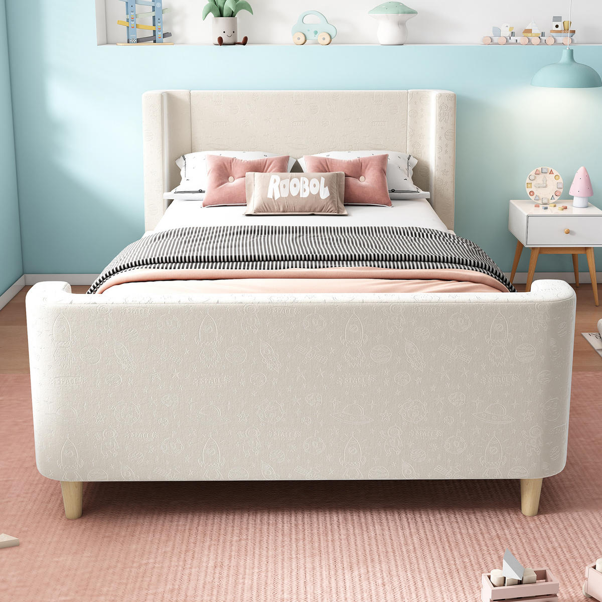 KINDEREINZELBETTEN aus Samt 90x200 cm in Beige mit Weltraummuster - Beige, Textil (90/200cm) - Modfu