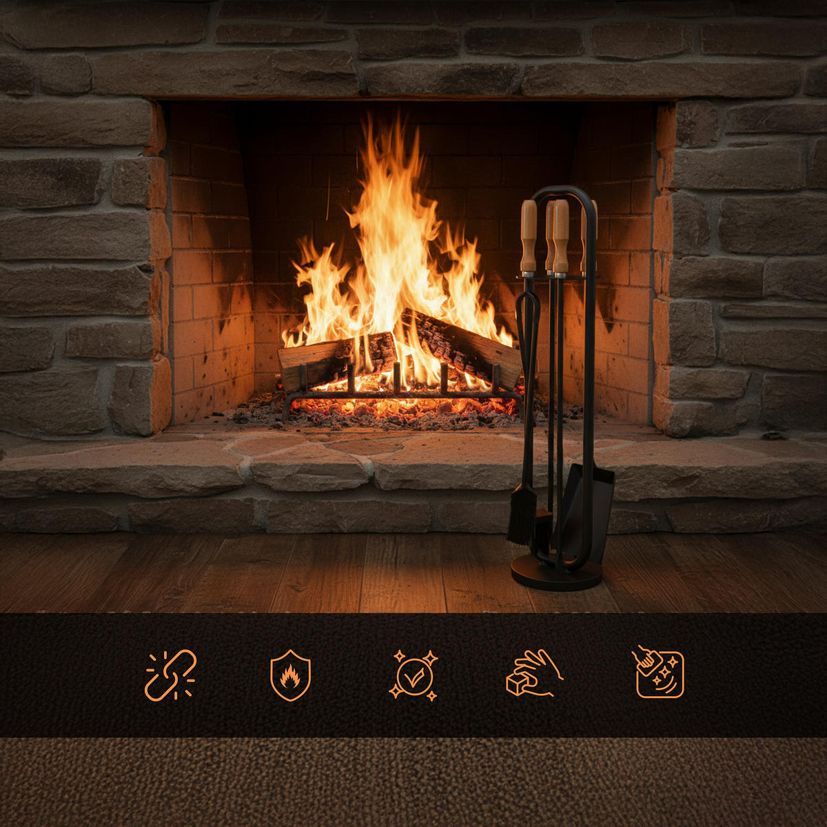 5TLG.KAMINBESTECK-SET - Schwarz, Holz/Metall (17/75/17cm) - Relaxdays