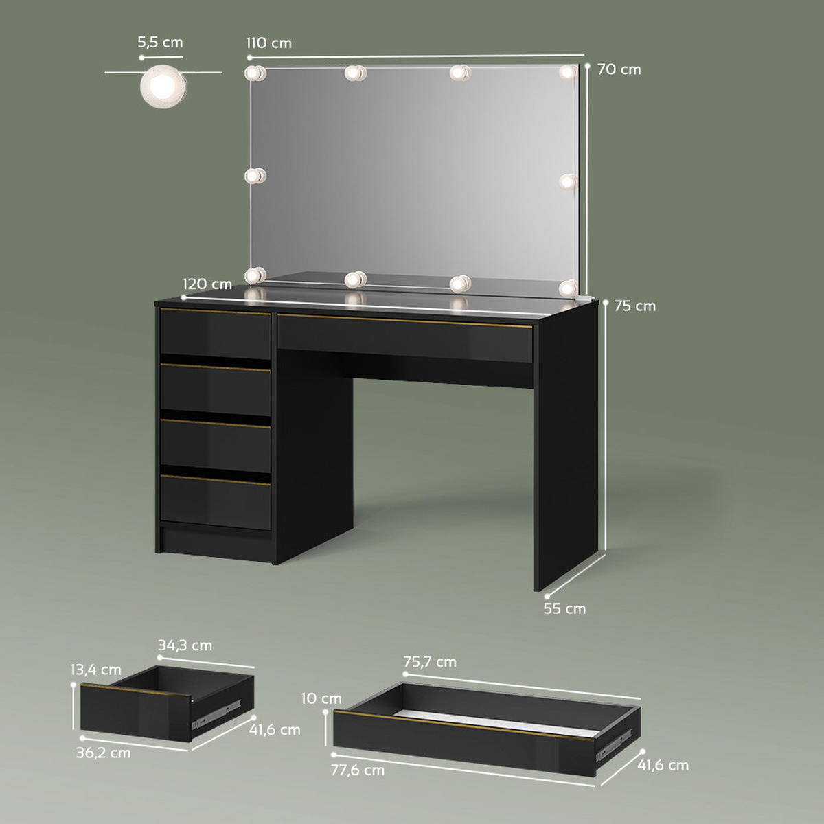 SCHMINKTISCH-SET Imola Schwarz/Gold 120 cm mit LED Beleuchtung - Goldfarben/Schwarz, Holzwerkstoff (120/75/55cm) - Livinity®