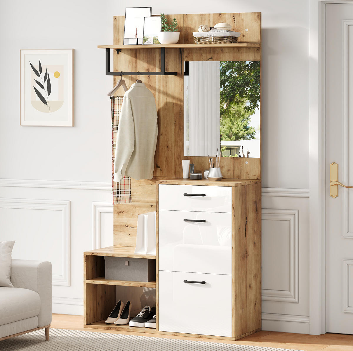 OMARA za čevlje 100/38,5/190 cm z ogledalom, predalom in zložljivimi vrati, prostorna, Bela + naravna - naravne barve, leseni material (38.5/190/100cm) - Redom