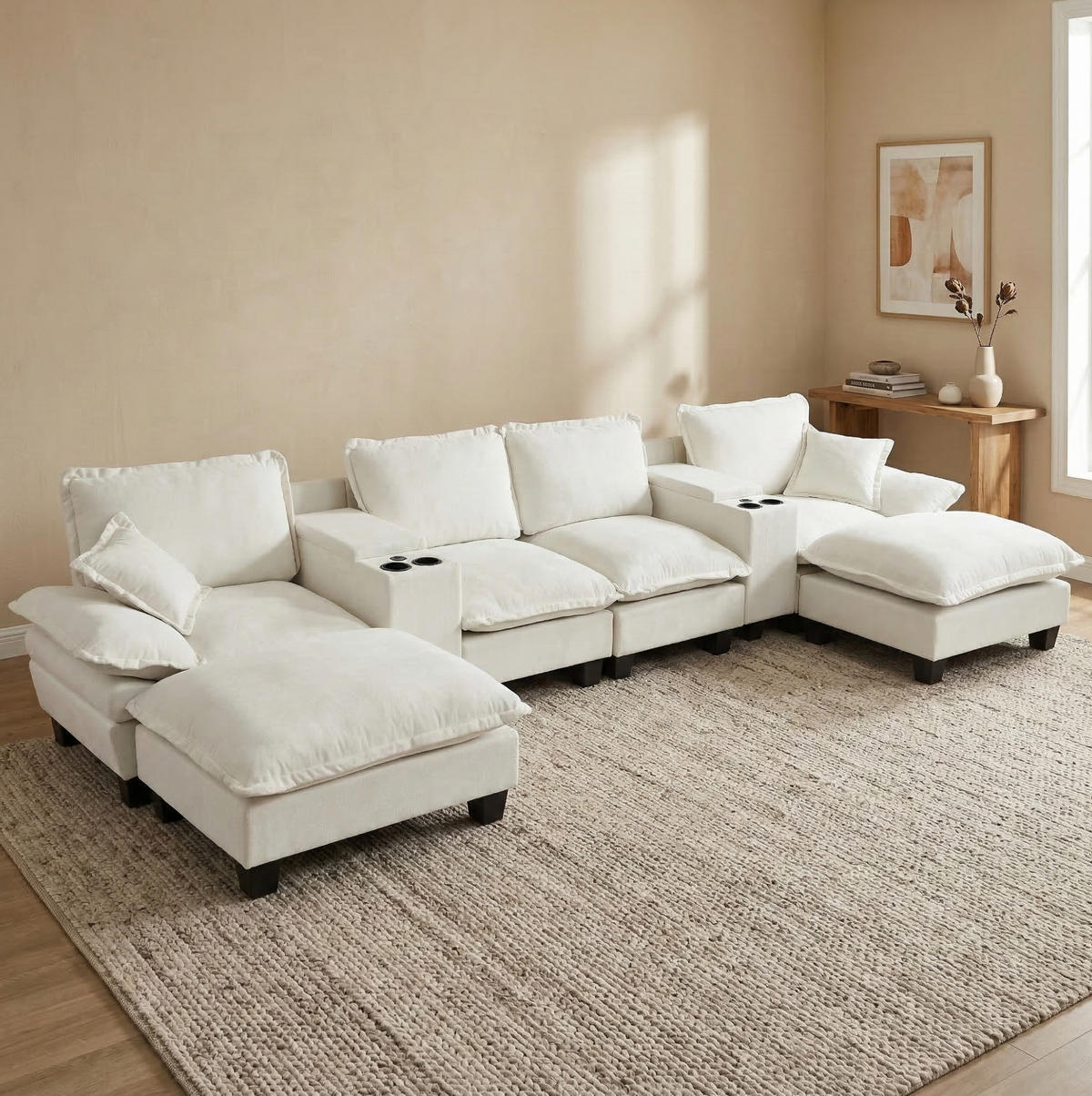 WOHNLANDSCHAFT aus Chenille 392x151x90 cm Beige mit USB-Anschluss, Stauraum, Getränkehaltern und 2 Ottomanen - Beige, Textil (392/90/151cm) - Modfu