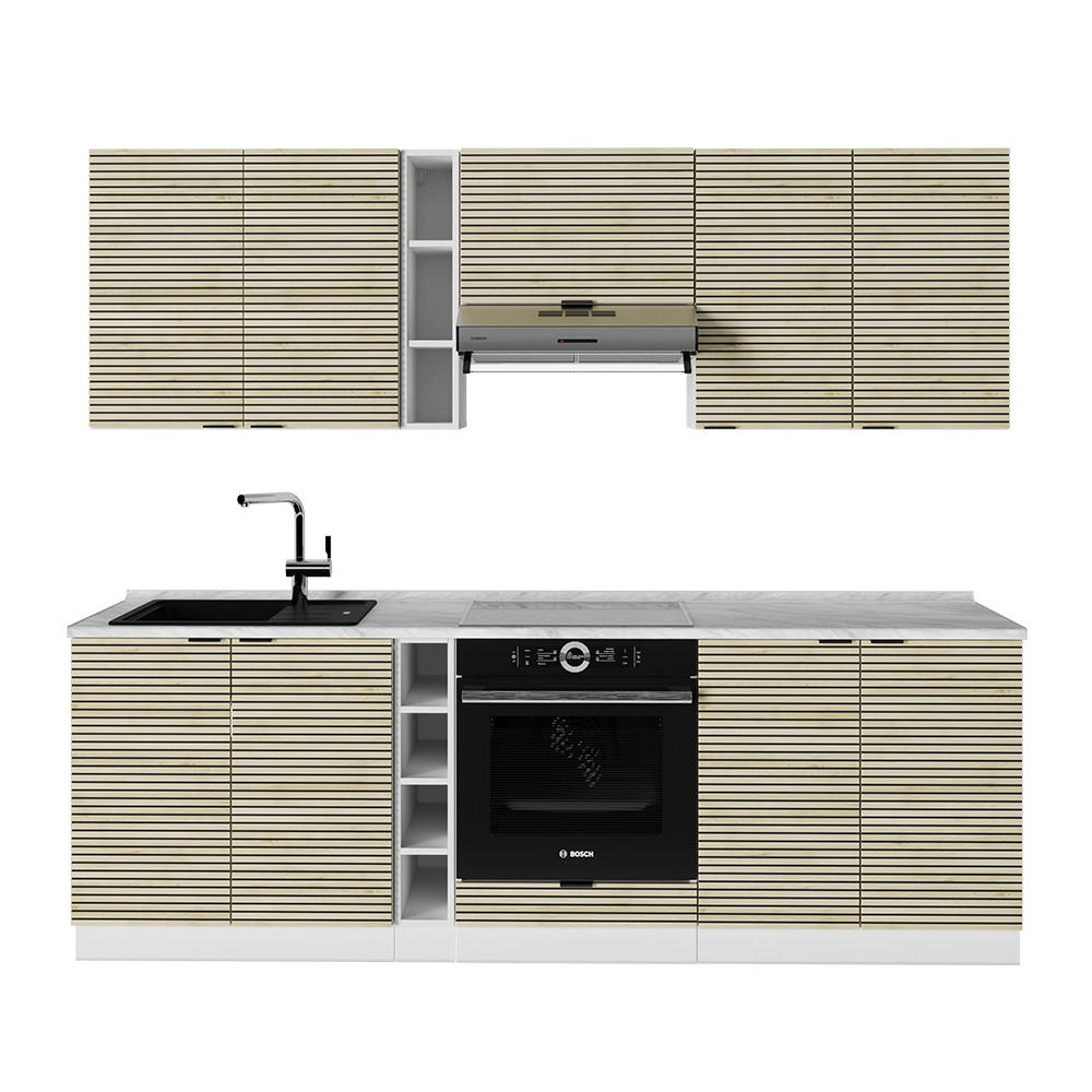 KÜCHENZEILE Fame-Line Eiche Paneel/Weiß 235 cm , AP Marmor - Hellbraun/Eichefarben, Holzwerkstoff (235/81.6/60cm) - Vicco